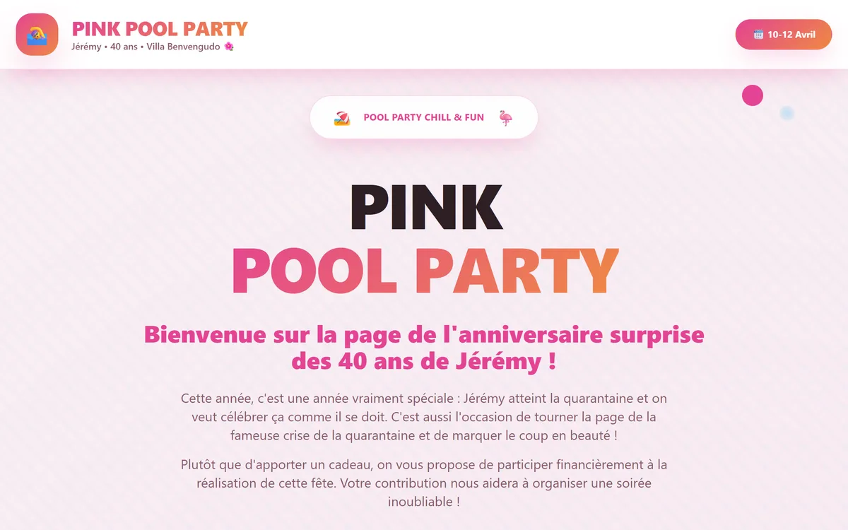 Pink Pool Party — réservation événement + Stripe